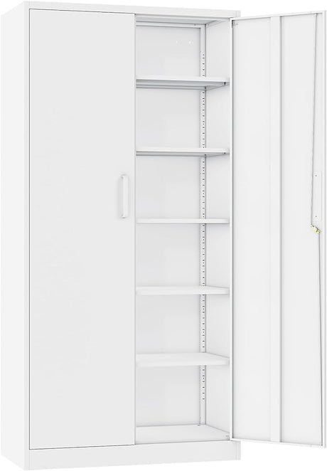 Metal Garage Storage Cabinet with 2 Doors and 5 Adjustable Shelves 71" Pantry Cabinet