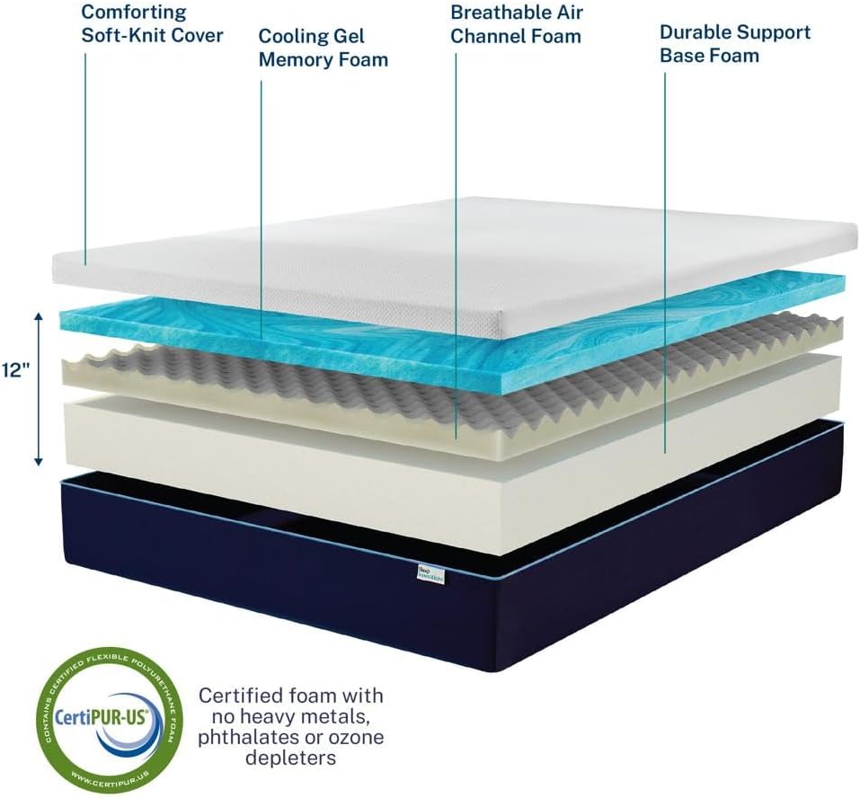 Marley 12 Inch Cooling Gel Memory Foam Mattress, Queen Size, Bed in a Box