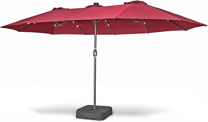 15x9 Ft Double Head Patio Umbrella with Base, 36 LED Lights, Sand Bags