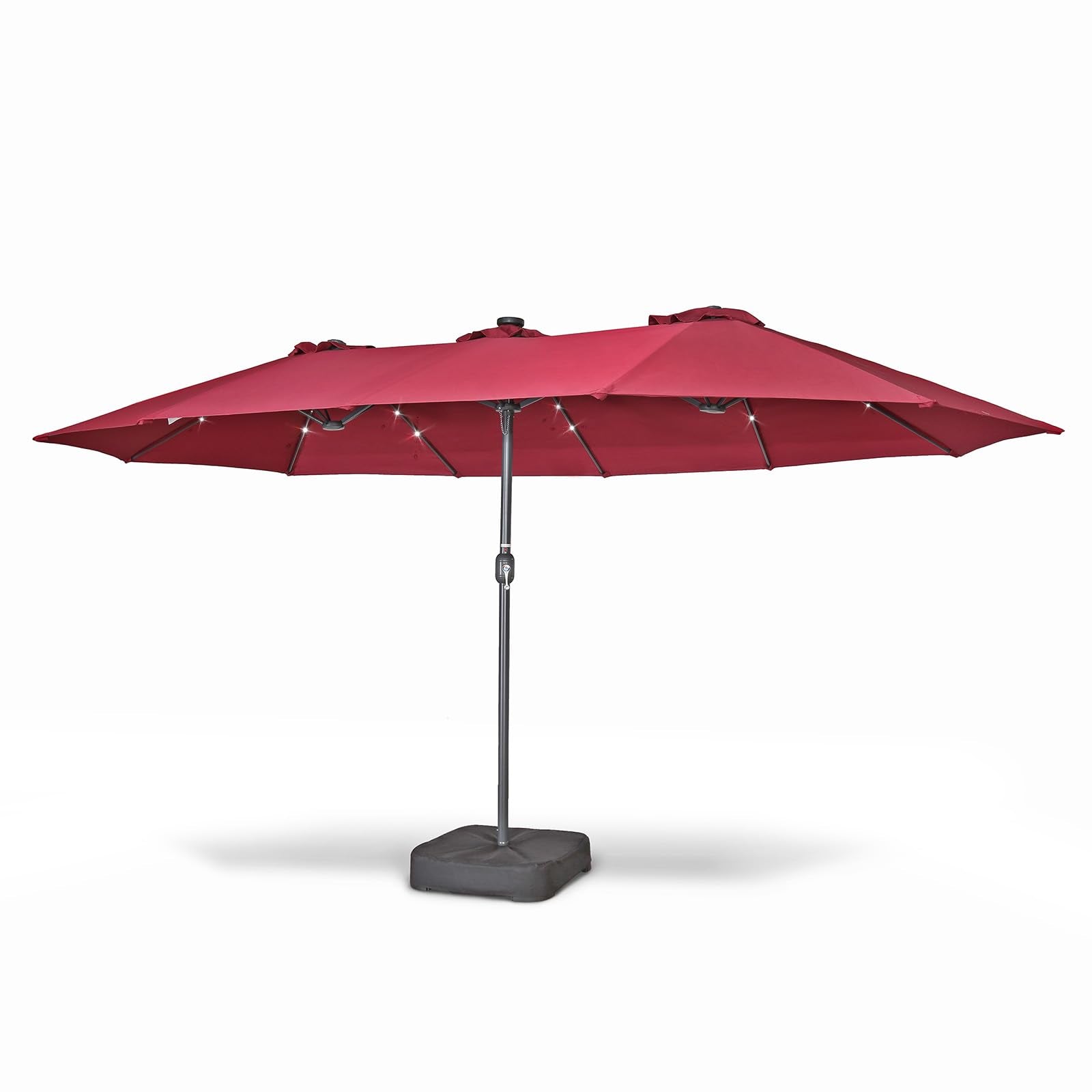 15x9 Ft Double Head Patio Umbrella with Base, 36 LED Lights, Sand Bags
