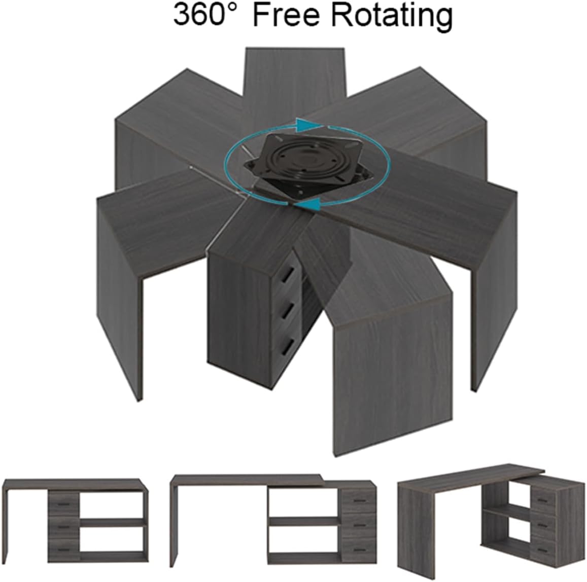 L Shaped Computer Desk with Drawers, 360 Rotating L Shape Desk with Storage Cabinet
