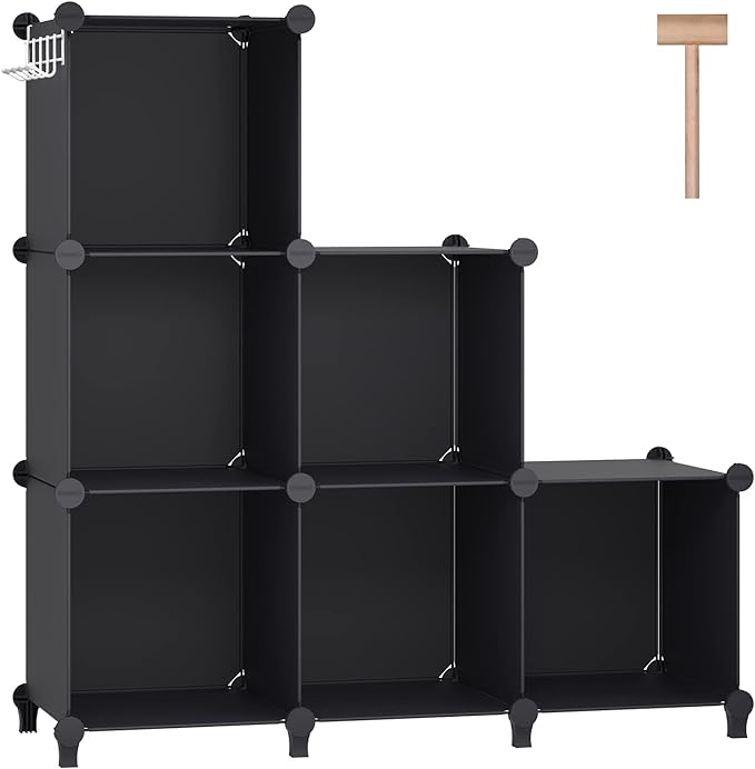 DINMO 6 Cubes Storage Organizer, Bookcase, Display Shelf with Wooden Mallet, Cabinet Storage for Kids, Adult, Office, Bedroom, Bathroom, Black