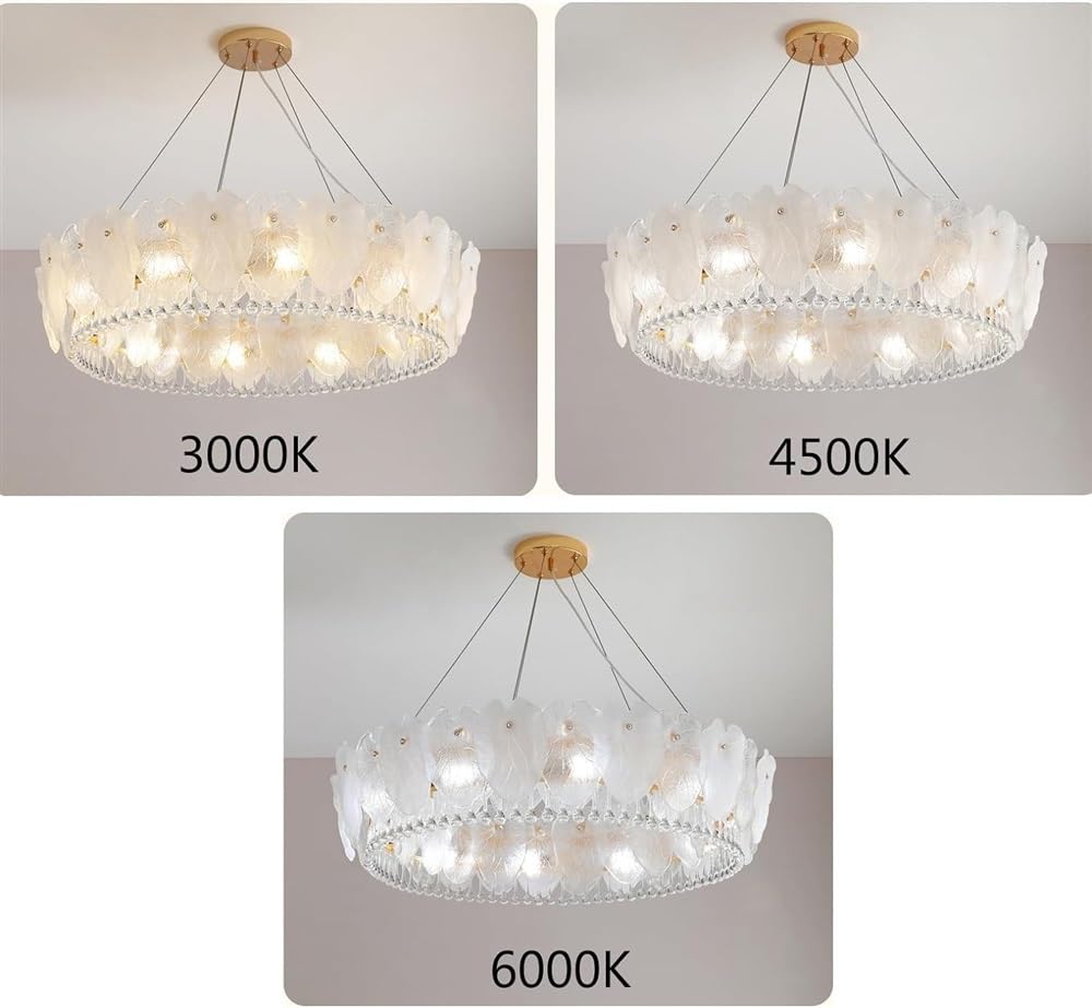 White Glass Leaf Round Ceiling Hanging Lamp Modern Crystal Raindrop Chandelier LED