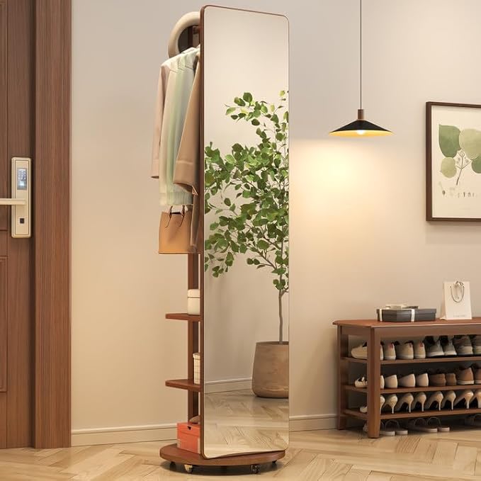 Wood Oversized Floor Mirror with Coat Rack, Full Body Mirror