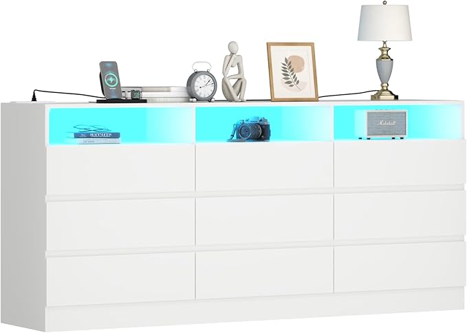 9 Drawer Dresser with Power Outlet and LED Light, Modern Storage Dresser