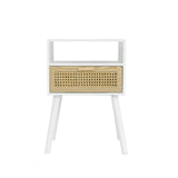 White Nightstand with Drawer, Mid Century Modern Nightstand, Rattan Side Table