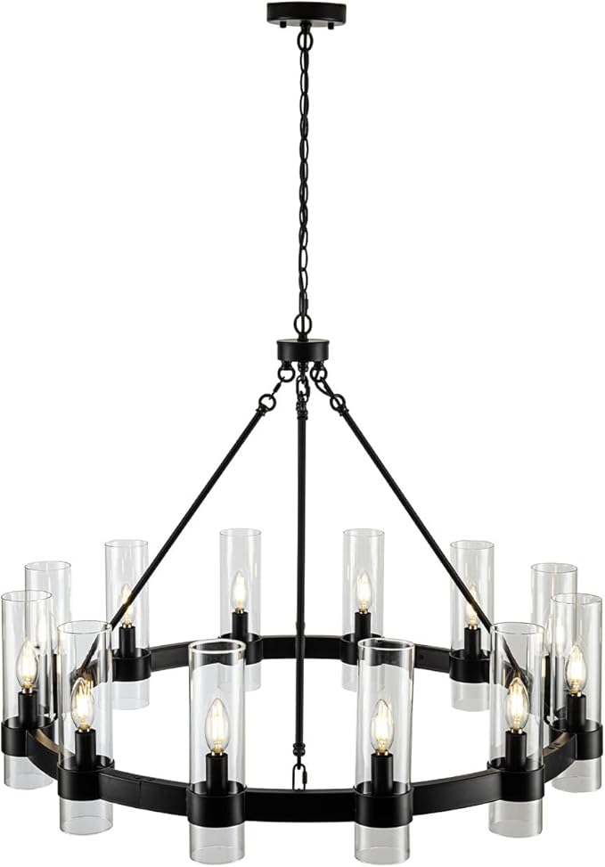 26 Inch Black Wagon Wheel Chandelier with Glass Shade, 8 Lights