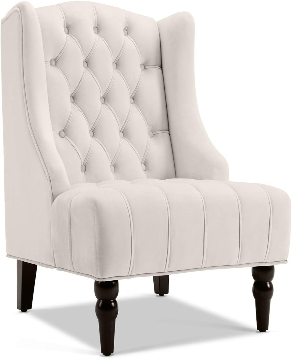 BELLEZE Modern Wingback Accent Chair, Tufted Velvet Living Room High Back Chair with Thick Padded Cushioned Seats & Wood Legs, Victorian Chesterfield Style - Hyde (Cream)