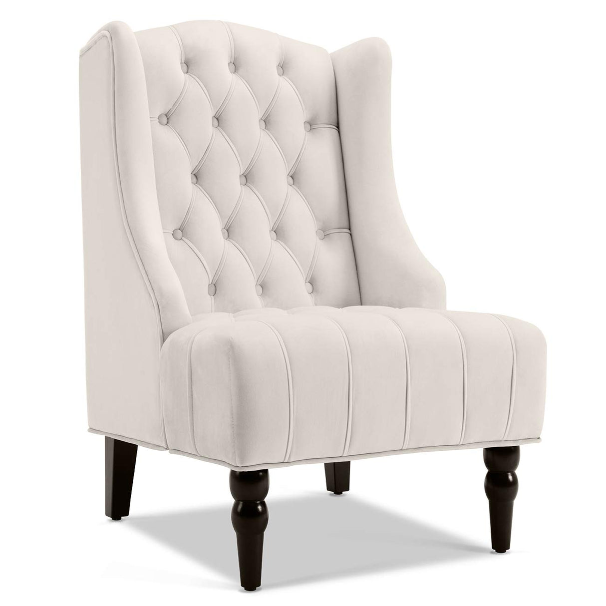 BELLEZE Modern Wingback Accent Chair, Tufted Velvet Living Room High Back Chair with Thick Padded Cushioned Seats & Wood Legs, Victorian Chesterfield Style - Hyde (Cream)