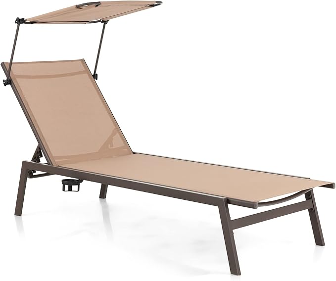 Outdoor Chaise Lounge Chair- Tanning Chair with Sunshade, 6 Adjustable Position