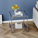 2 Tier Square End Table Side Table with Tempered Glass Top and Silver Stainless Steel