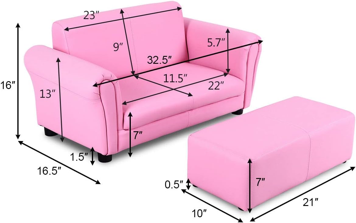 Footstool, 2 in 1 Double Seat Children's Sofa w/PU Leather Surface, Armrest Chair Lounge,