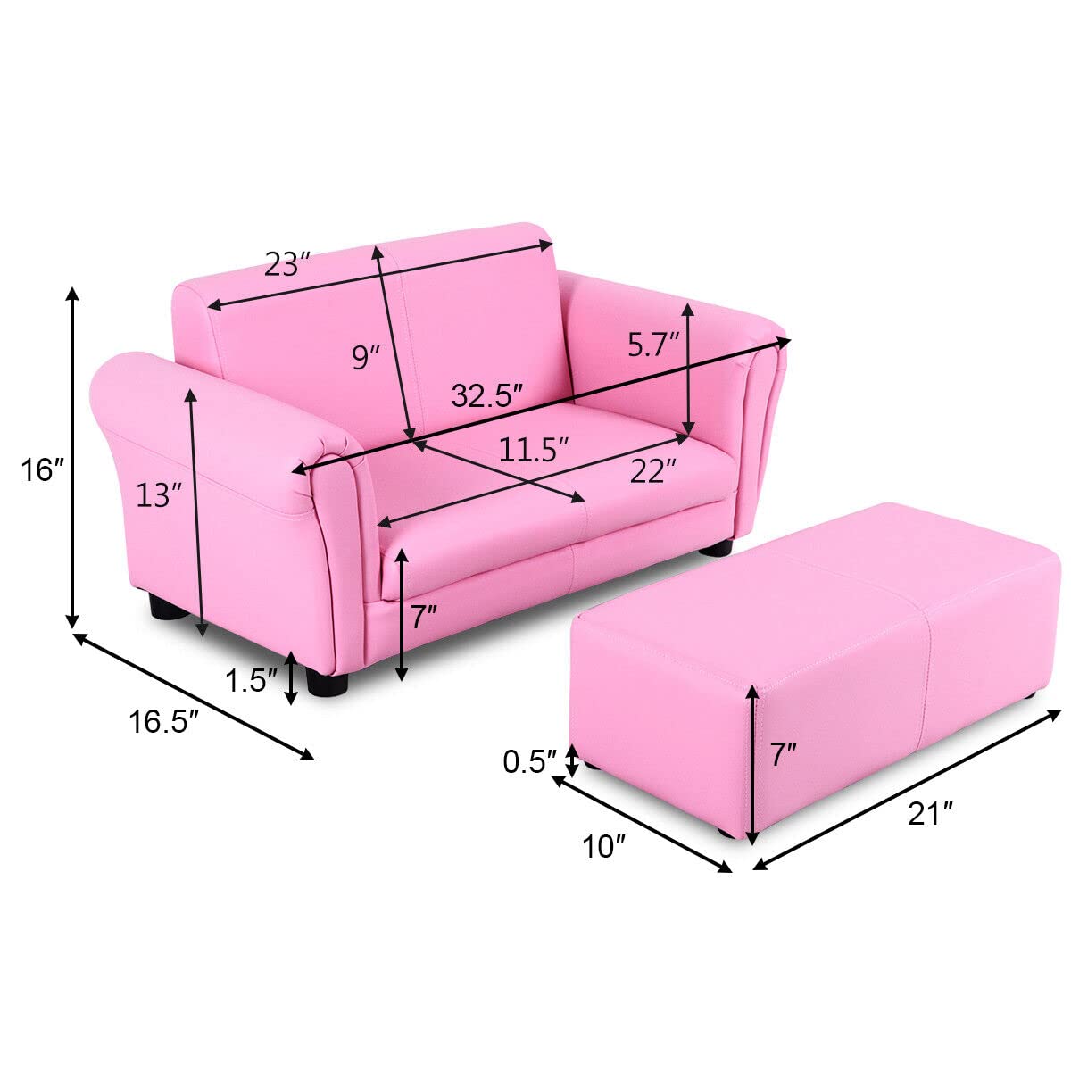 Footstool, 2 in 1 Double Seat Children's Sofa w/PU Leather Surface, Armrest Chair Lounge,