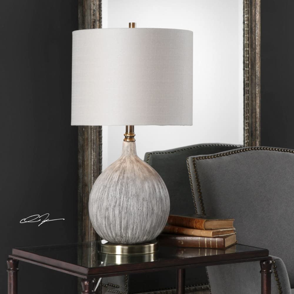 Textured 1 Light Ivory Ceramic Table Lamp with Beige Linen Round Hardback Drum Shade, 3-Way Switch
