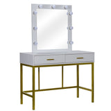 Table White Dressing Table Golden Steel Frame Square Mirror with 2 Drawer 9 Light Bulb