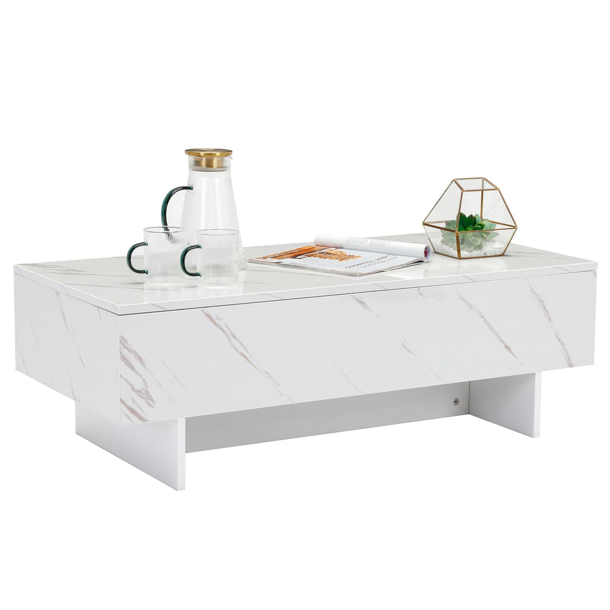 41" Marble White Cool Coffee Table for Living Room,Rectangular Glossy Smart Contemporary Center