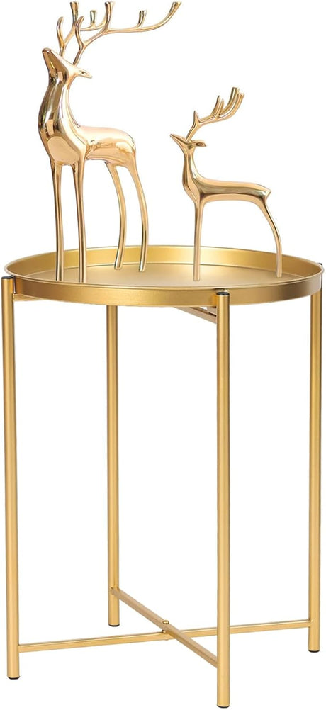 Side Table 2-Tier Metal Round End Table with Removable Tray (2-Tier Gold)