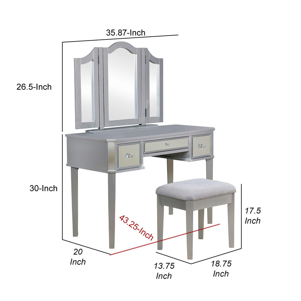 Vanity Desk with Stool, Drawers, 3 Sided Mirrors, Wood Frame, Silver and Gray