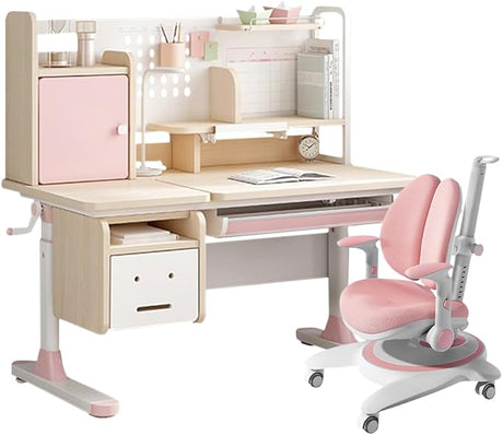 Desk and Chair Height Adjustable Wooded Children Desk with Bookshelf, Tiltable Desktop, Tablet Holder, Storage Cabinet and Pull-Out Drawer, Pink