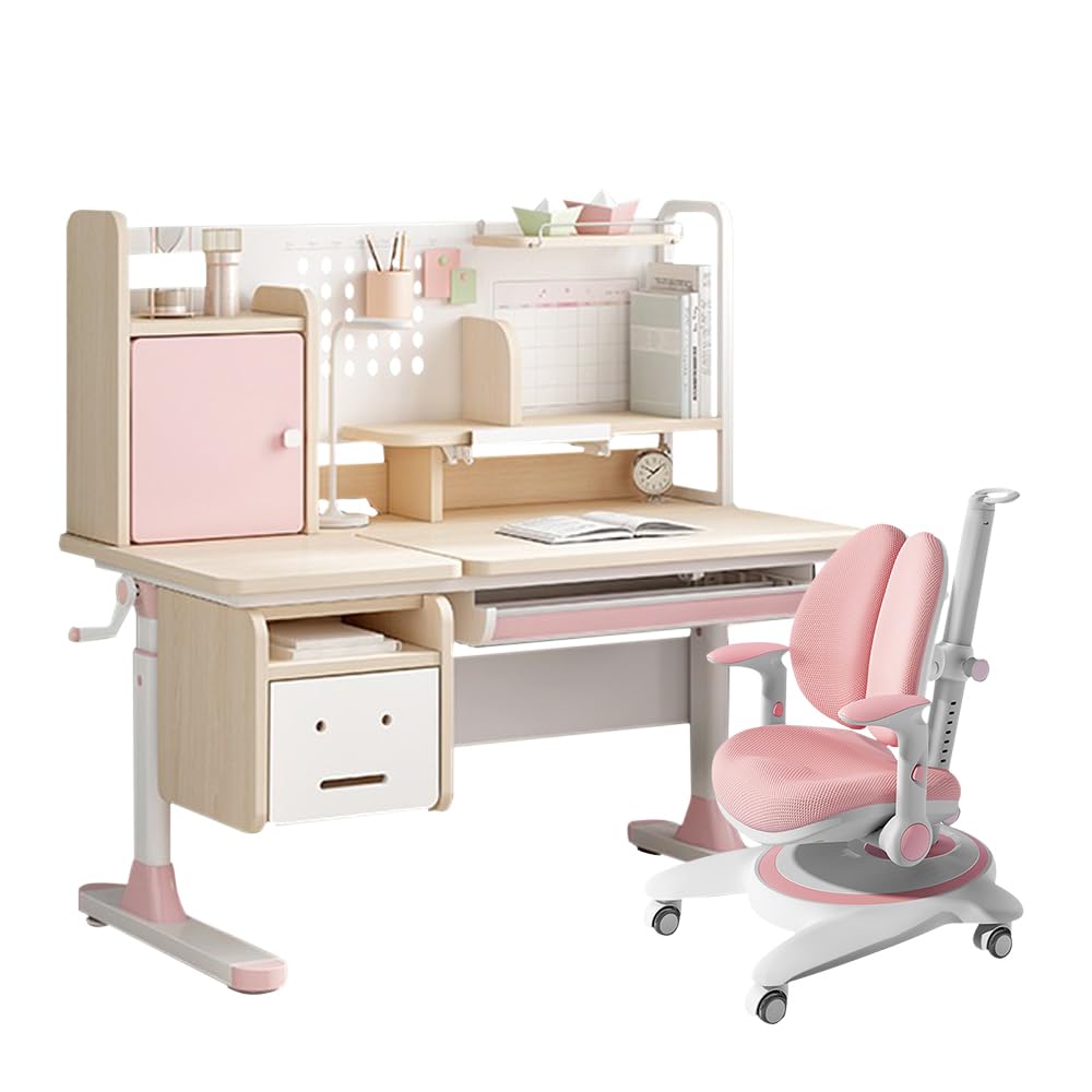 Desk and Chair Height Adjustable Wooded Children Desk with Bookshelf, Tiltable Desktop, Tablet Holder, Storage Cabinet and Pull-Out Drawer, Pink