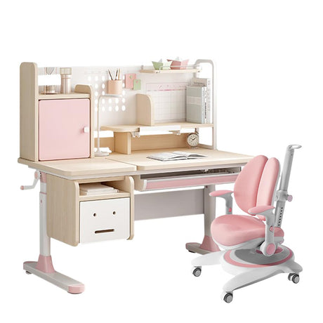 Desk and Chair Height Adjustable Wooded Children Desk with Bookshelf, Tiltable Desktop, Tablet Holder, Storage Cabinet and Pull-Out Drawer, Pink