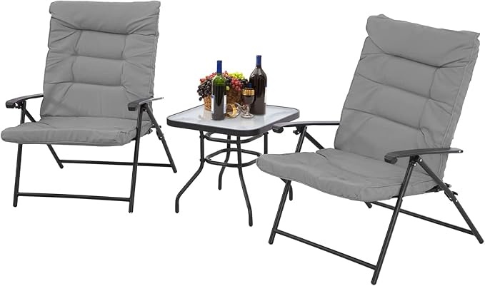 3 Pcs Folding Chair Set Outdoor Furniture Adjustable Reclining Bistro Set with Red Cushions