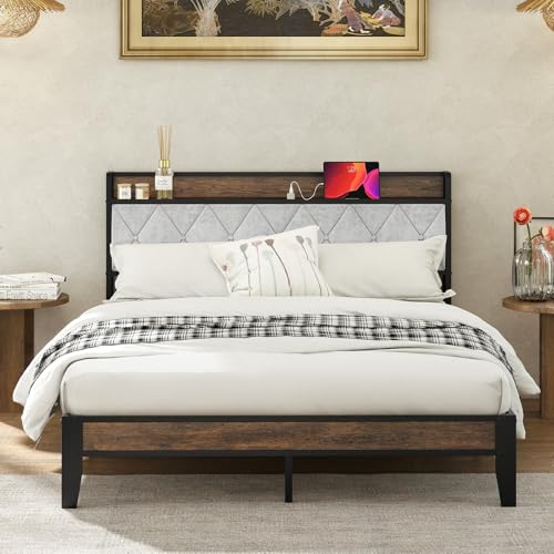 Queen Bed Frame with Storage Headboard & USB Charging Station