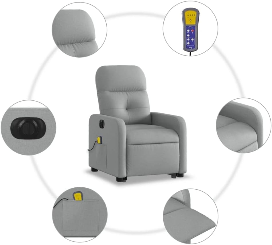 Power Lift Massage Recliner - Light Gray Fabric, Motorized Adjustable Back and Footrest, Vibration Massage, Side Storage Pocket