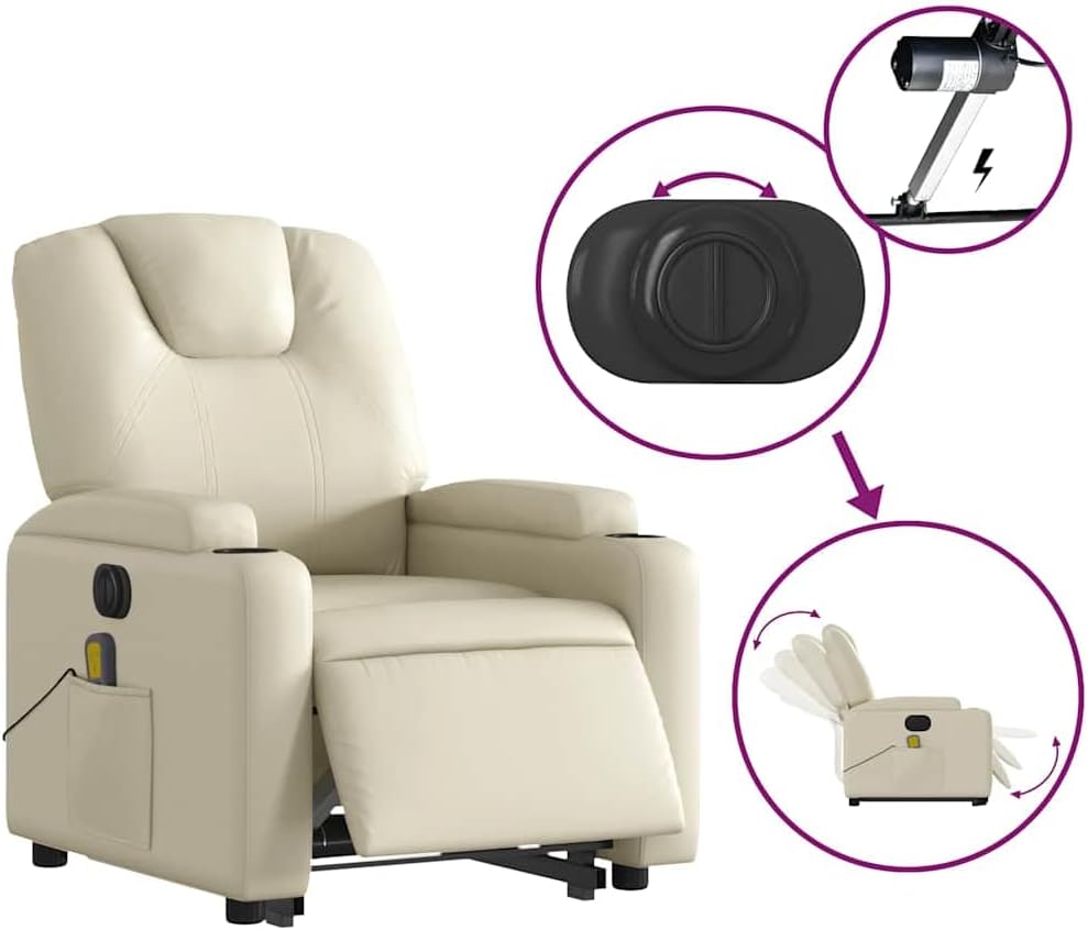 Electric Massage Recliner Chair - Cream Faux Leather Stand-up Armchair with Vibration Massage, Power Lift, Cup Holders for Living Room Comfort