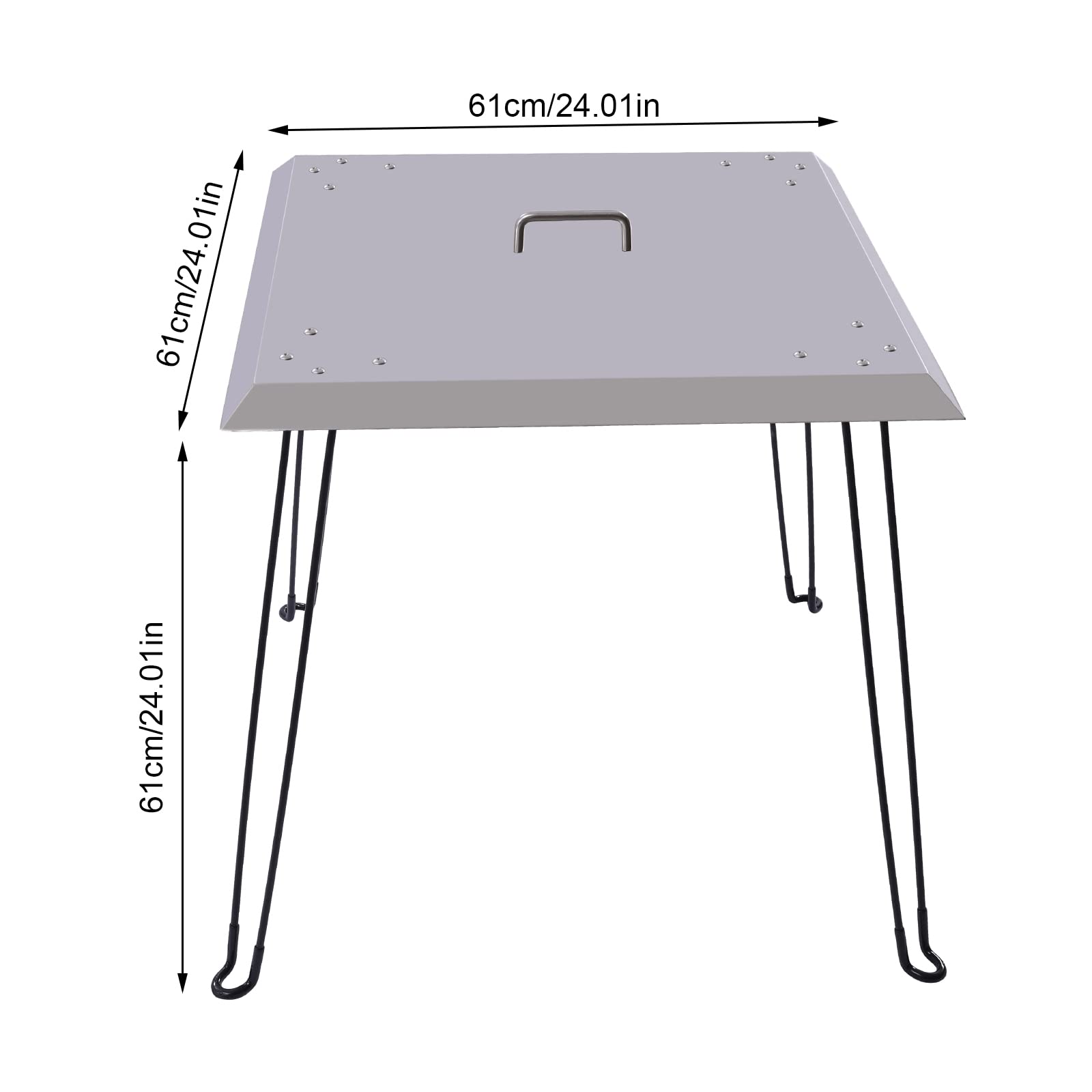 Stainless Steel Fire Pit Heat Deflector - 24x24x24 Inch Square Lid with Foldable Legs & Carrying Handle