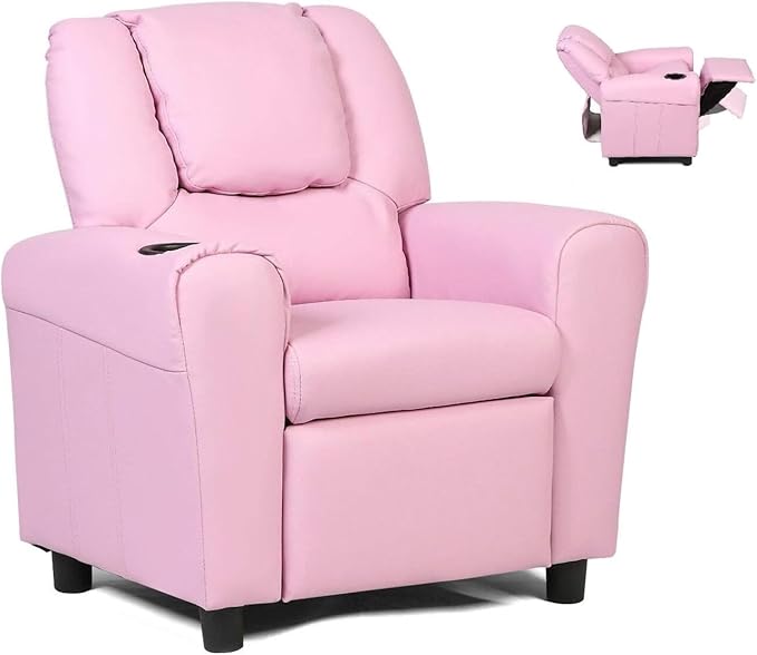 Kids Recliner Chair with Cup Holder, Toddler Furniture Children Armrest Sofa