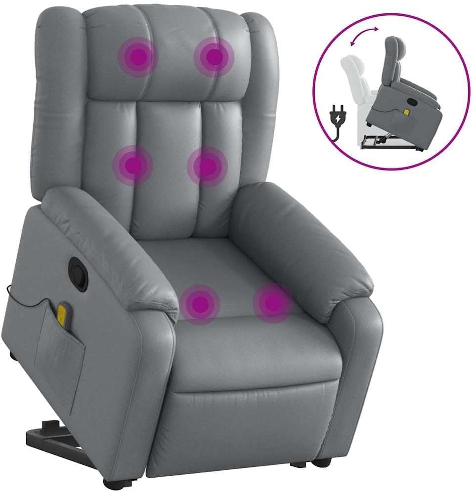 Leather Massage Recliner Chair - Power Lift Armchair, Manual Tilt, 6-Point Vibration, Side Pocket - Gray