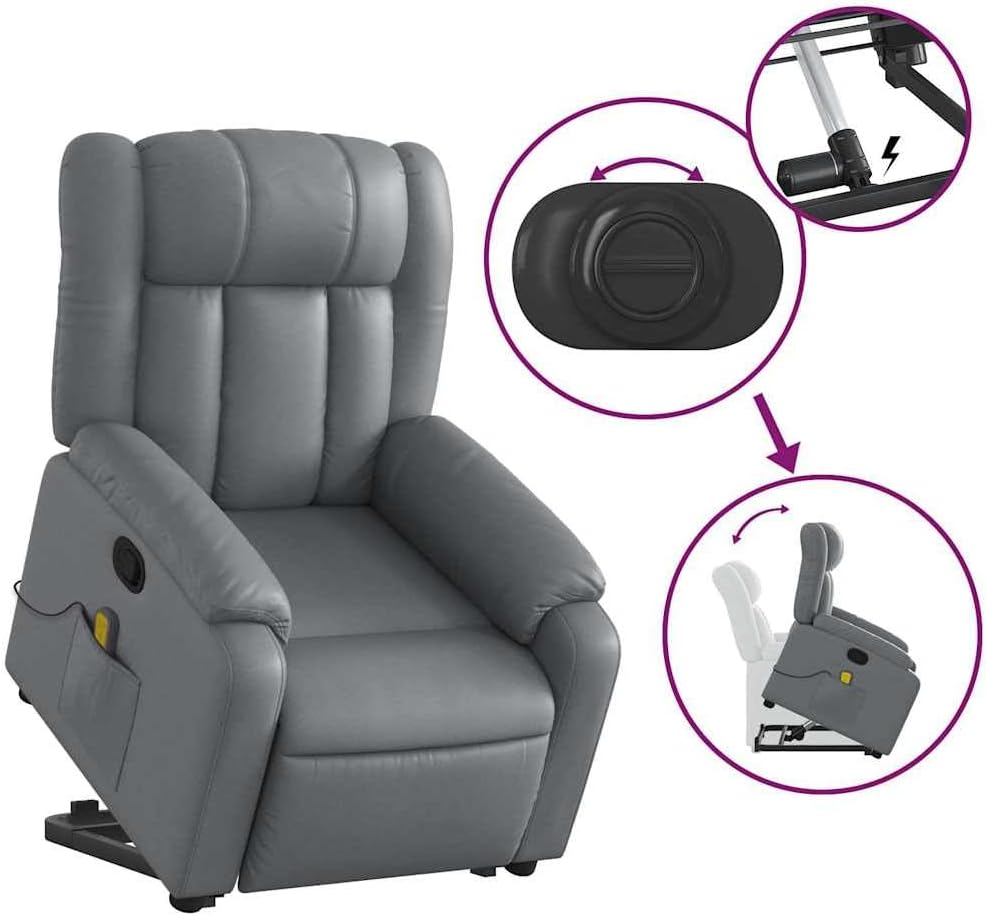 Leather Massage Recliner Chair - Power Lift Armchair, Manual Tilt, 6-Point Vibration, Side Pocket - Gray