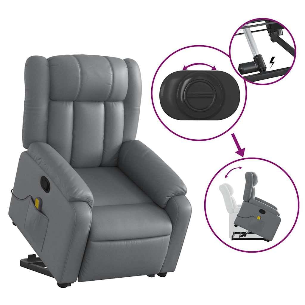 Leather Massage Recliner Chair - Power Lift Armchair, Manual Tilt, 6-Point Vibration, Side Pocket - Gray