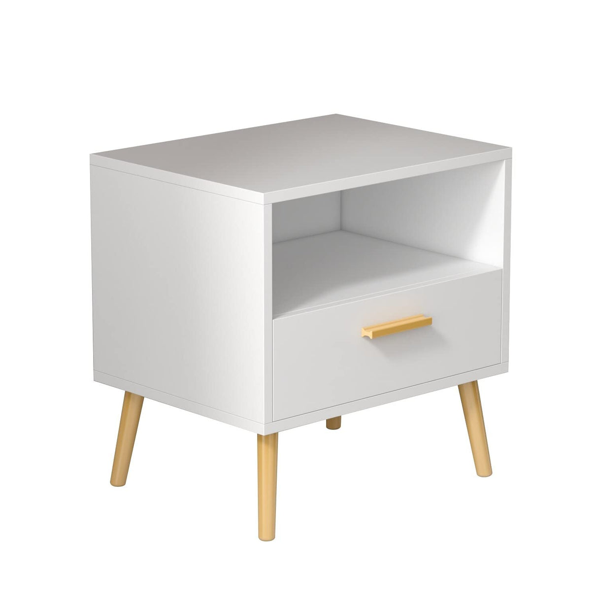 Modern 1-Drawer White Bedside Nightstand with Open Shelf French Contemporary