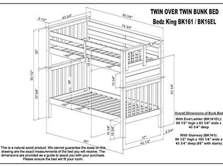 Bedz King Tall Stairway Bunk Beds Twin over Twin with 4 Drawers in the Steps and 2 Under Bed Drawers, White