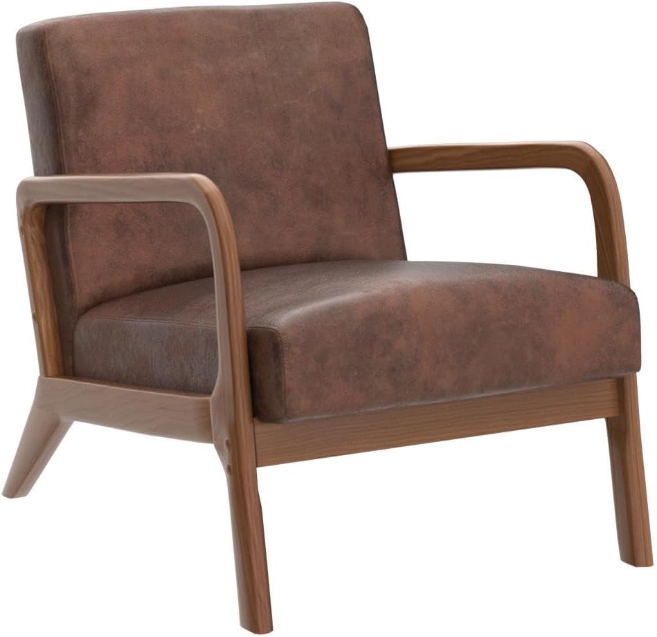 Classic Mid Century Modern Accent Chairs for Living Room or Bedroom, Espresso Finish Open-Framed Armchair with Plush Cushioning Microfiber Upholstery, Brown