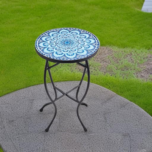 VONLUCE Mosaic Side Table and Plant Stand, 21" Round End Table with 14" Ceramic Tile Top, Indoor & Outdoor Accent Table, Porch Patio Furniture, Entryway & Coffee Table for Home & Garden, Blue Mandala - Bircata