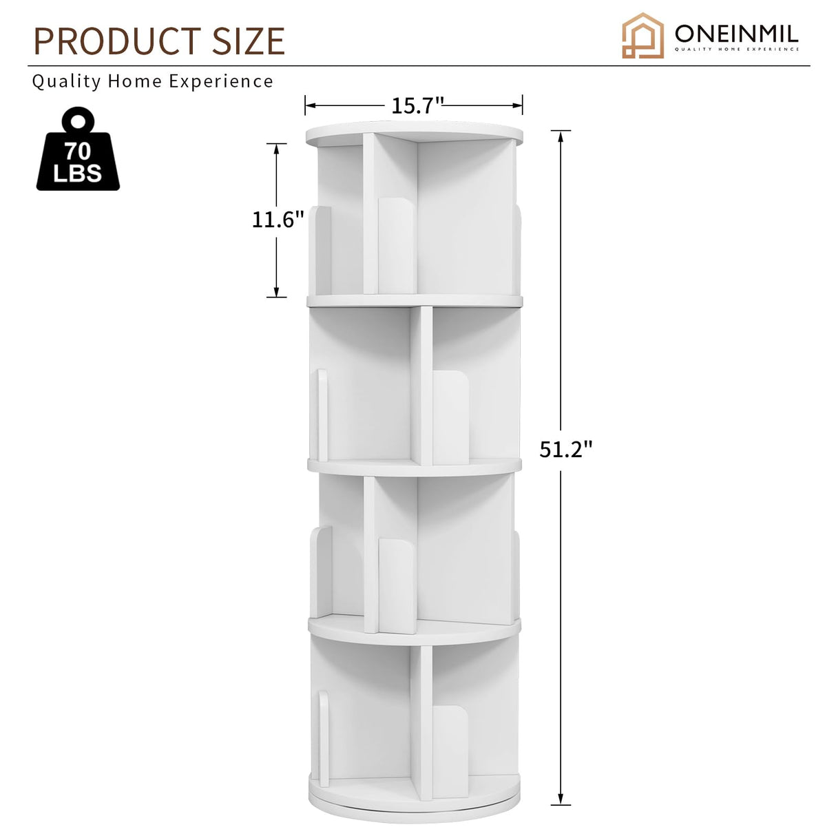 oneinmil 360° Rotating Bookshelf, Small Corner Bookcase with Small Footprint, 4 Tier Standing Bookcase for Kids&Adults, Wood Bookshelf Designed for Living Room, White