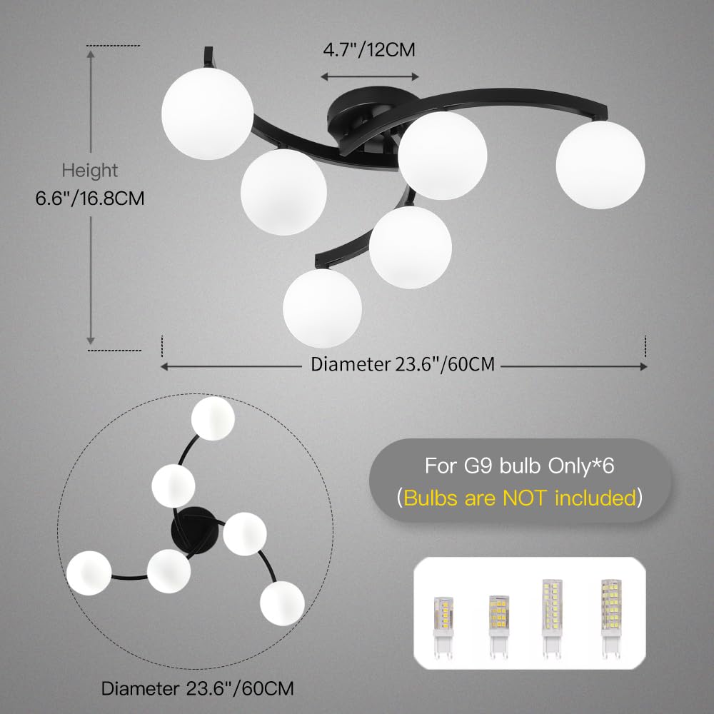 Mid Century Glass Globe Semi Flush Mount Ceiling Light - 6 Light Sputnik Chandelier