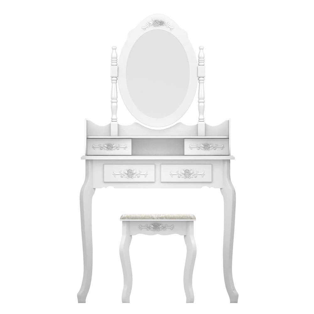 Set,Makeup Vanity Table with Stool,Single Mirror Dressing Table Compact Vanity Desk with 4-Drawer 360-Degree Rotation Removable Mirror for Women Girls (White)