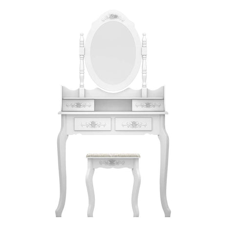 Set,Makeup Vanity Table with Stool,Single Mirror Dressing Table Compact Vanity Desk with 4-Drawer 360-Degree Rotation Removable Mirror for Women Girls (White)