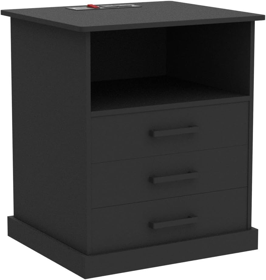 Nightstand with Charging Station and LED Lights, Large Bedside Table with 3 Storage Drawer