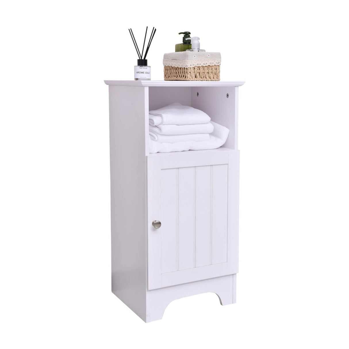 Bathroom Storage Cabinet, Compact Wooden Single Door Floor Cabinet with Adjustable