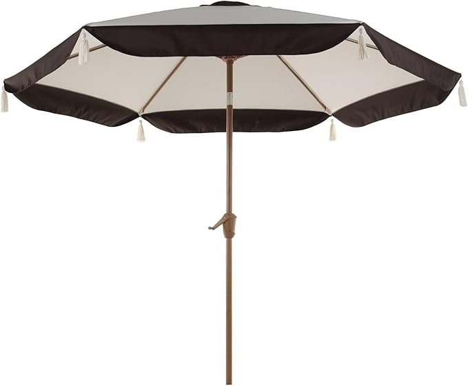 9FT Patio Umbrella with Fringe, Outdoor Tassel Umbrella with Push-Button Tilt for Poolside