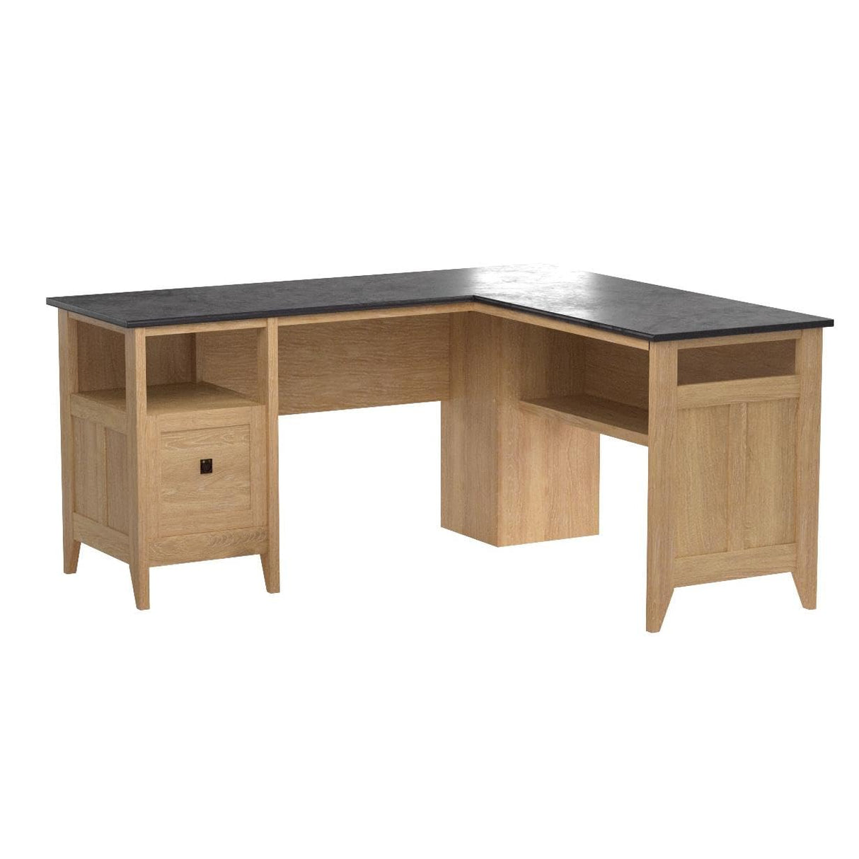 August Hill L-Shaped Desk – Dover Oak Finish with Slate Accents