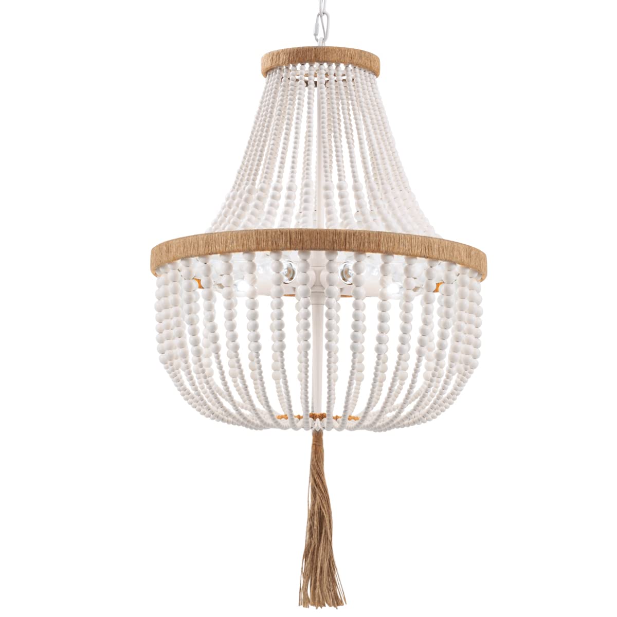 4 Lights Wood Beaded Farmhouse Chandelier with Tassels Bohemia Antique Rustic