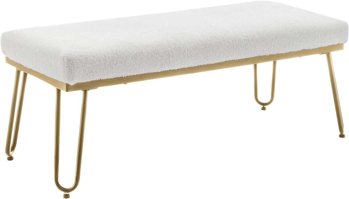 White Teddy Fur Bed Bench for Bedroom End of Bed Bench Ottoman, Upholstered Modern