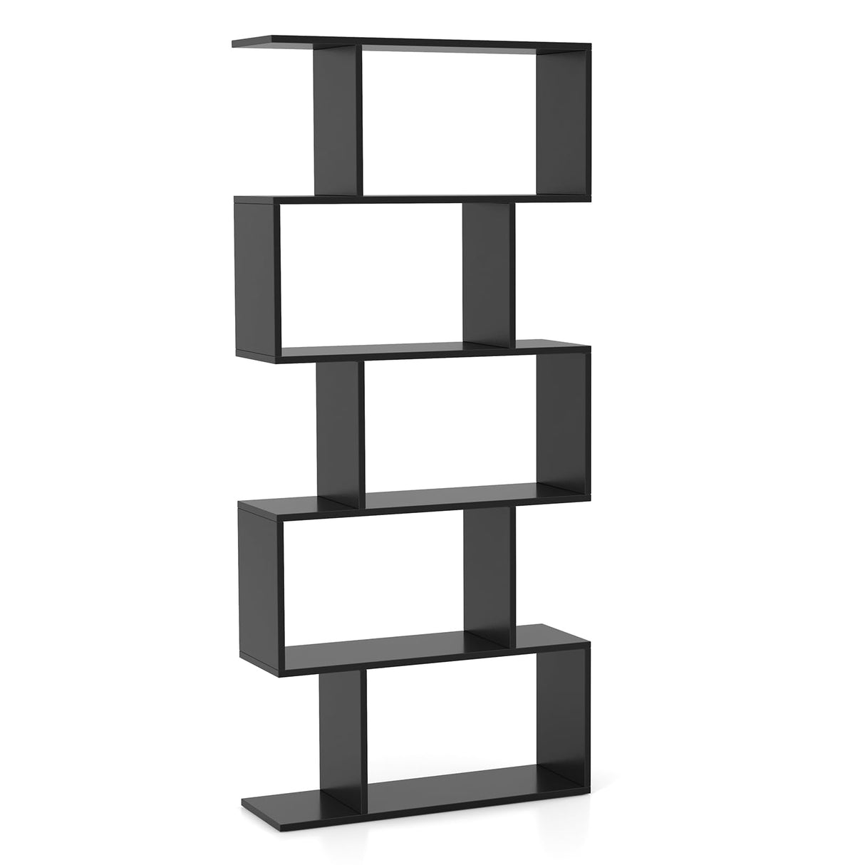 5-Tier Geometric Bookshelf Black, 62.5" Tall Wood S-Shaped Bookcase with Anti-Tipping Device, Floor Standing Display Shelf for Bedroom, Living Room, Study