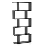 5-Tier Geometric Bookshelf Black, 62.5" Tall Wood S-Shaped Bookcase with Anti-Tipping Device, Floor Standing Display Shelf for Bedroom, Living Room, Study